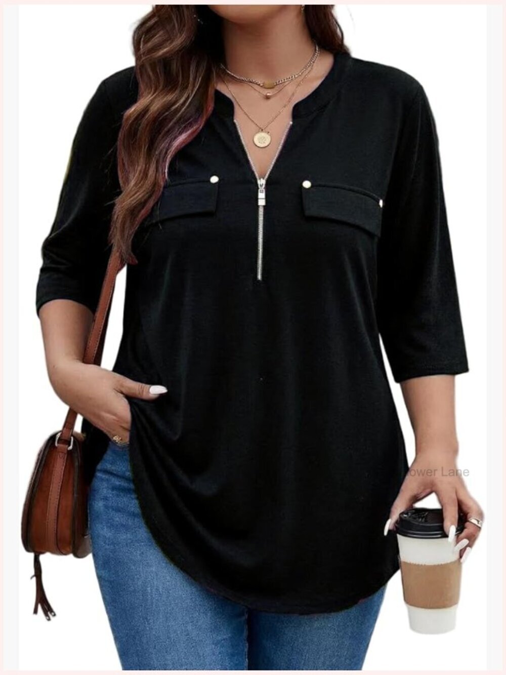 Plus Size Zip Front V Neck Tunic Top 3/4 Sleeve Blouse